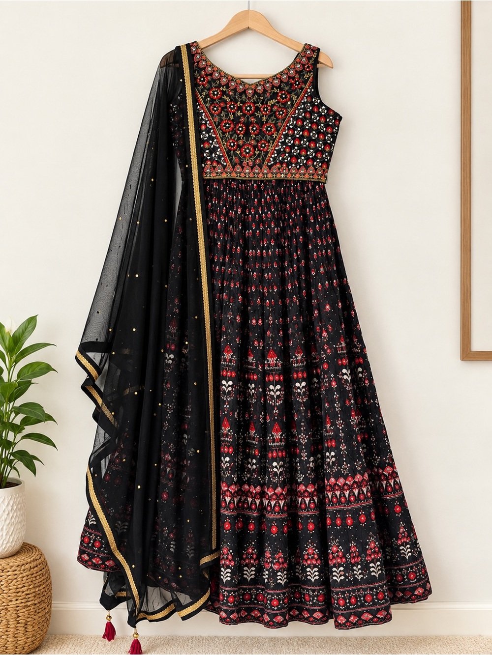 Black & Red Sleeveless Embroidered Lehenga with Dupatta / Chainya choli